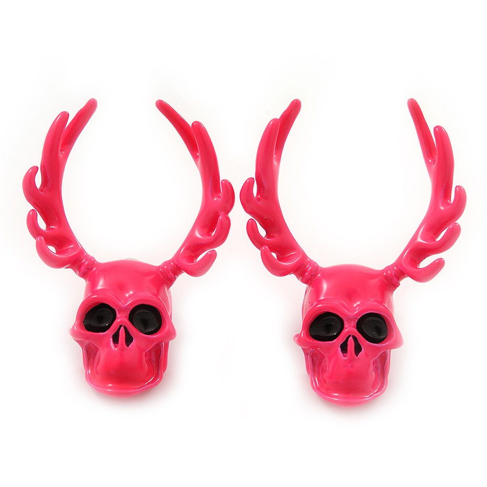 Skull and Antlers Stud Earrings/Neon Pink/ 3.5cm Tall