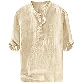 Ryannology Mens Linen Shirts Casual Cotton 3/4 Sleeve Regular-Fit Henley T-Shirt Summer Lightweight Beach Yoga Tops