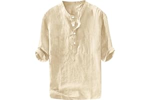 Ryannology Mens Linen Shirts Casual Cotton 3/4 Sleeve Regular-Fit Henley T-Shirt Summer Lightweight Beach Yoga Tops