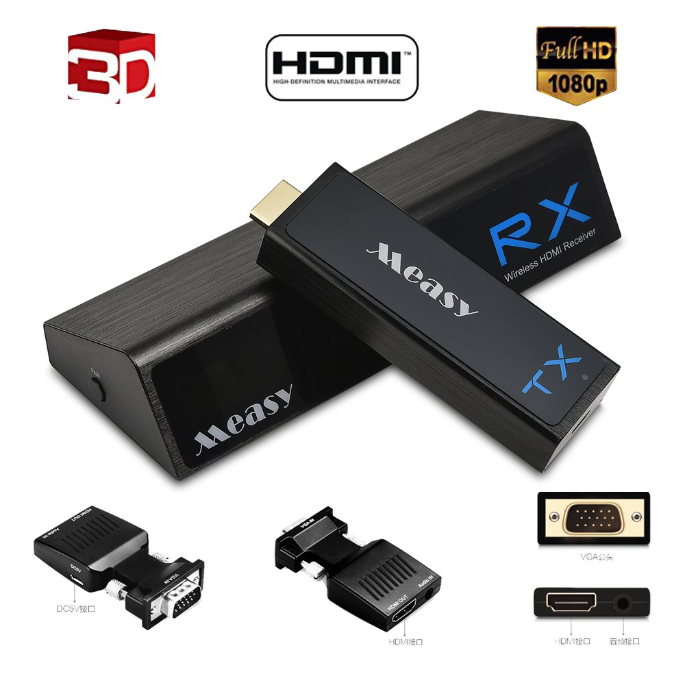 MEASY Wireless splitter HDMI extender 1 x 4 output W2H H302 Video HDMI Transmitter & Receiver for Streaming HD 1080p 3D Video & Digital Audio W2H MAX + VGA to HDMI