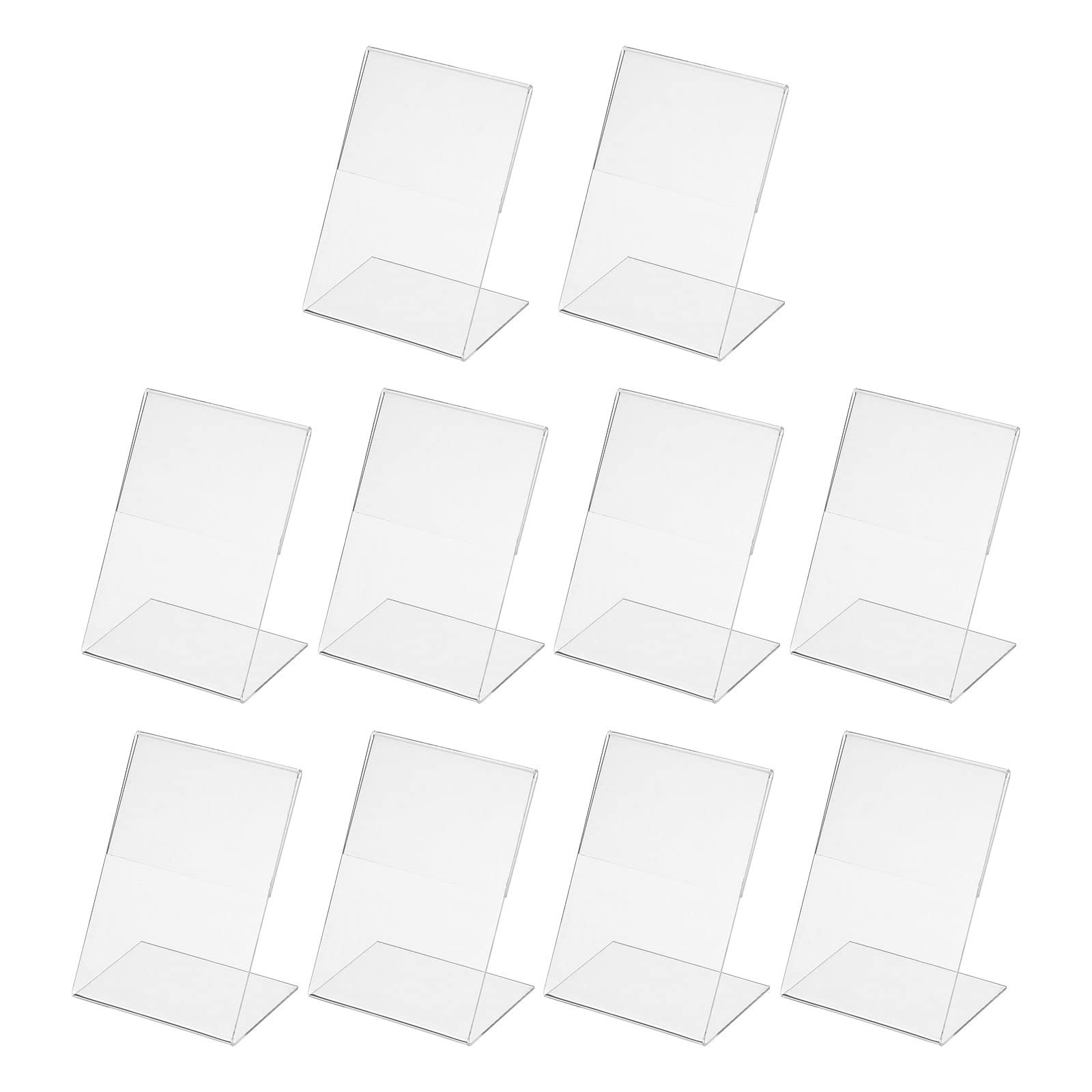 PATIKIL Mini Acrylic Sign Display Holder 2.8x4, 10 Pack Slant Back Name Card Tag Vertical L Shape for Office, Store, Restaurant, Clear