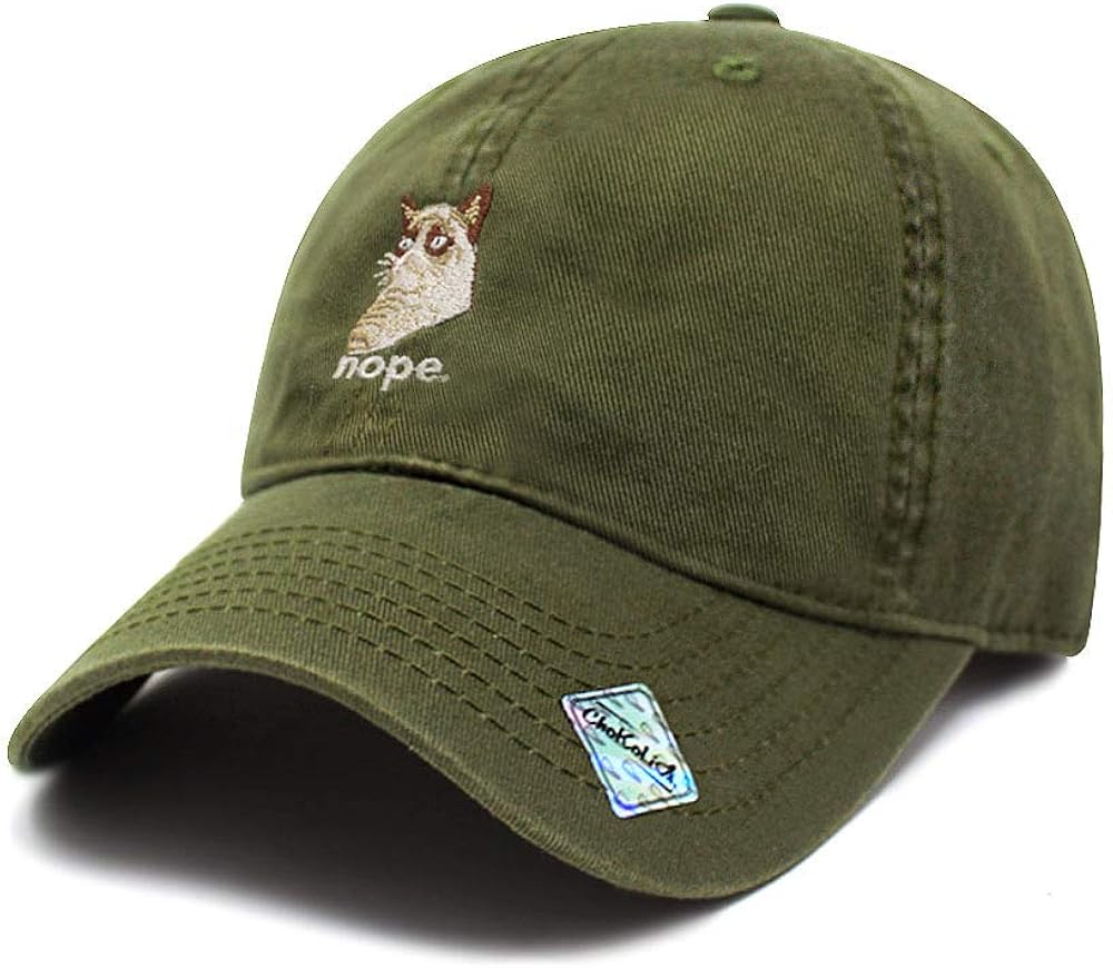 Grumpy Cat Embroidered Dad Hat with Memes Funny Nope Saying Fashion Baseball Cap Fun Designs for Men Women Headwear (Army Green): Clothing