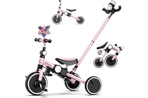 Ridego 5 in 1 Tricycle for Toddlers 3-5 Years Old,Foldable Toddler Bike with Push Handle and Cup Holder, Ideal Balance Bike and Birthday Gifts for 2 3 4 5 Year Old Boys Girls,Pink