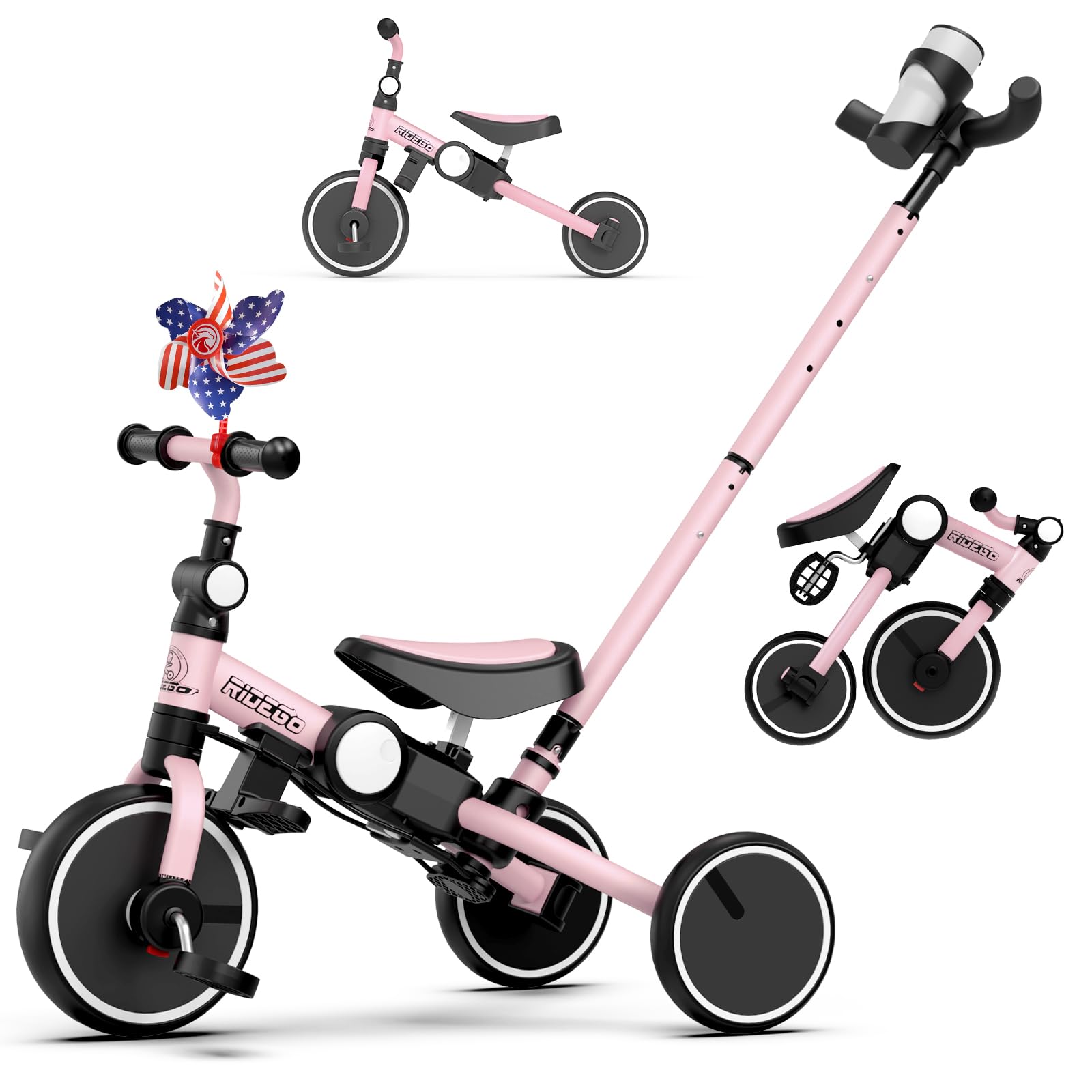 Photo 1 of Ridego 5 in 1 Tricycle for Toddlers 3-5 Years Old,Foldable Toddler Bike with Push Handle and Cup Holder, Ideal Balance Bike and Birthday Gifts for 2 3 4 5 Year Old Boys Girls,Pink