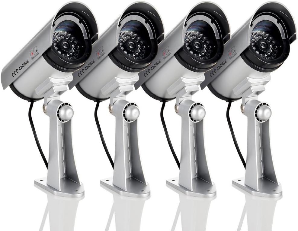4 Pack Dummy Fake Security CCTV Dome Camera with Flashing Red LED Light with Warning Security Alert Sticker Decals, Sliver