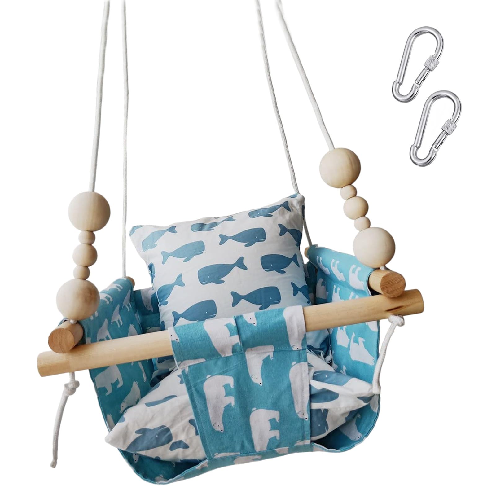 HB.YE Wooden Baby Swing Seat Set with Beads Cushions, Handmade Kids Indoor Outdoor Hanging Chair Hammock, Comfortable Toddler Seat Nursery Decor - Blue Polar Bear …