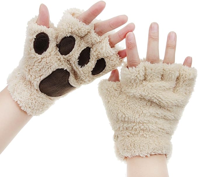 FakeFace Cute Cat Kitten Paw Fingerless Faux Fur Plush Gloves For Girls