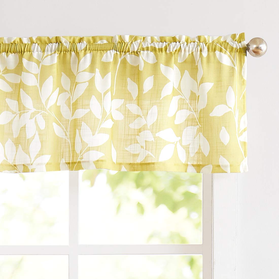 Treatmentex Valance Curtain for Window 15" Leaf Print Kitchen Valances, Mustard Yellow and White, 52" w 1 Panel