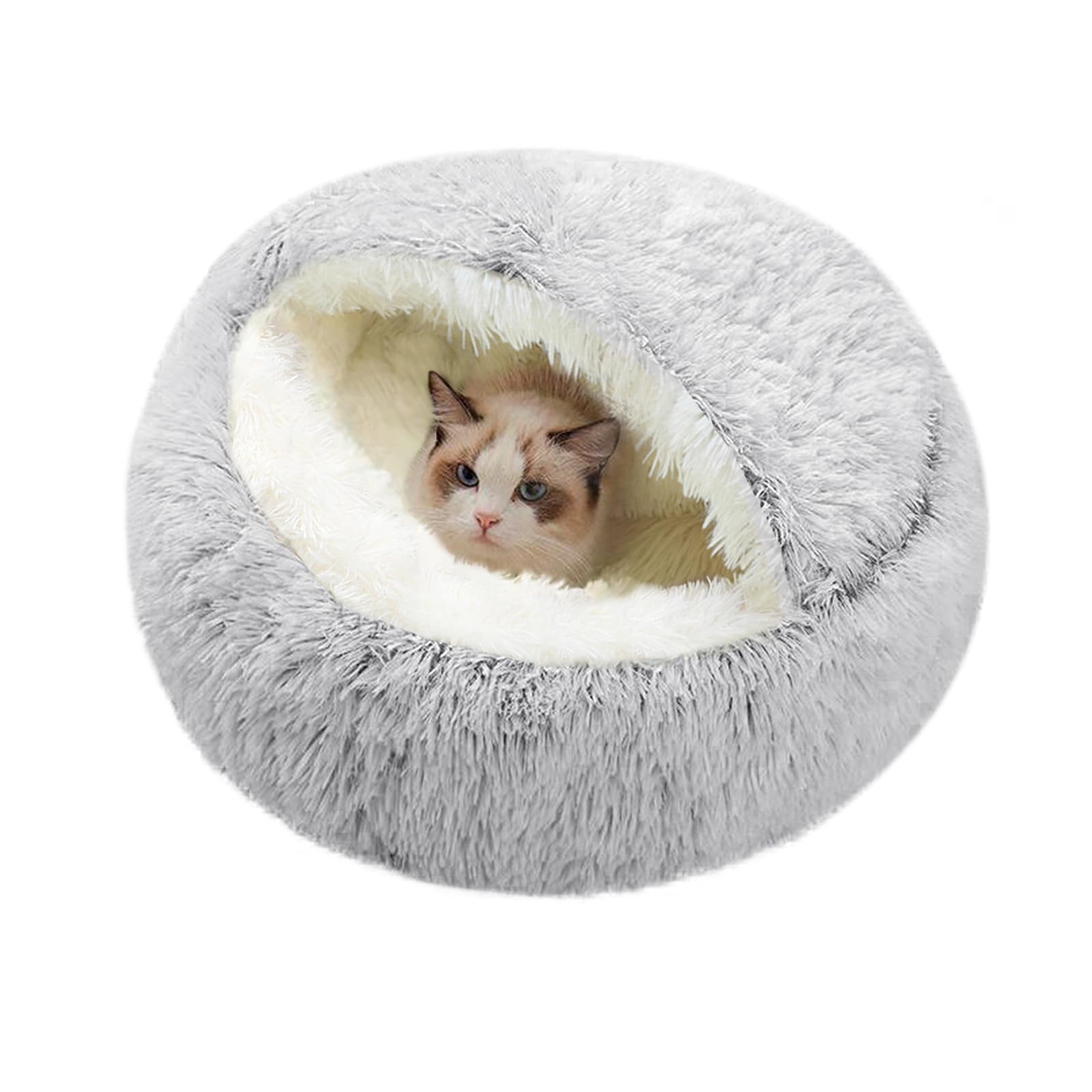 SUOXU Cat Bed Small Dog Bed,Plush Cover Self Warming Soft Calming Nest kitten Puppy Bed with Non-Slip Bottom Machine Washable for Under 7kg Small Pet Snooze Sleeping Indoor (Grey)