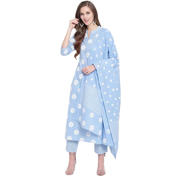 Women's Cotton Floral Print Straight kurta Pant and Dupatta Set