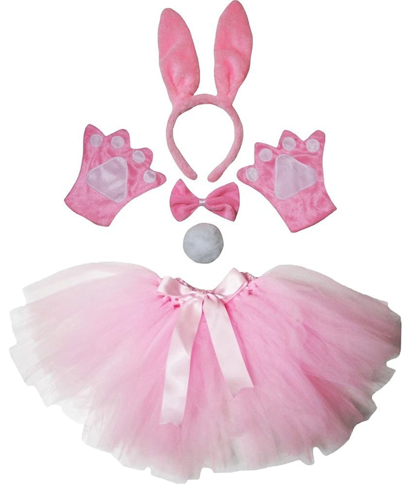Petitebelle Headband Bowtie Tail Gloves Tutu 5pc Girl Costume 1-10y (Bunny(Pink), 1-5 Years)