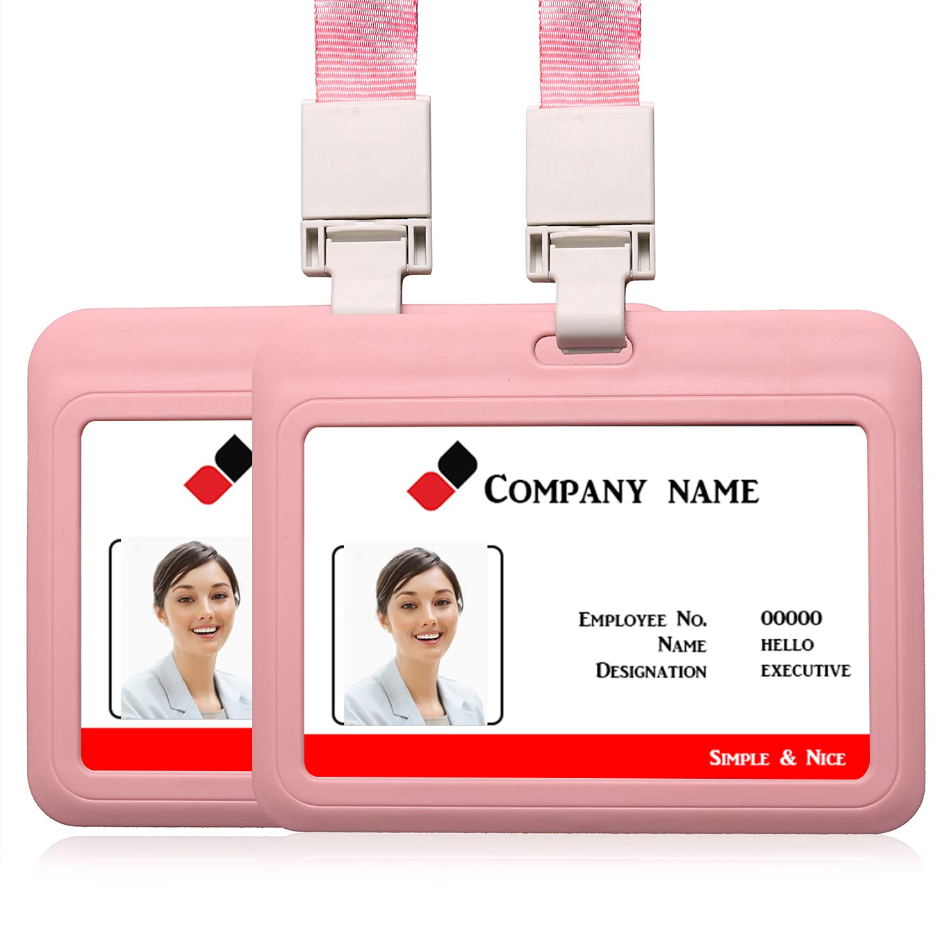 2PCS Horizontal ID Card Badge Holder with Lanyard Neck Strap Name Tag Card Holder Student Card Work Card ID Card (Pink)