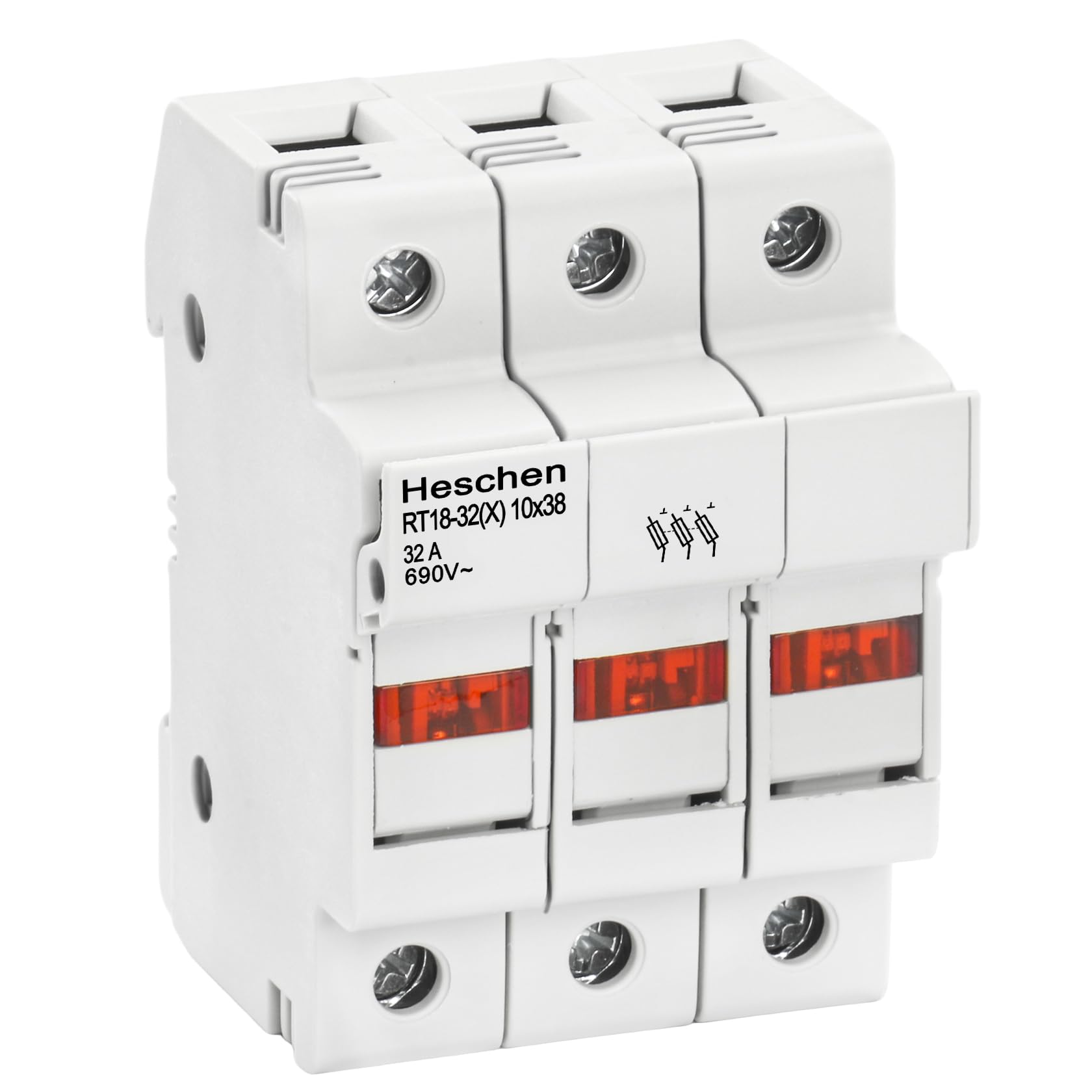 Heschen Cylindrical Fuse Holder Base, RT18-32(X) 32A AC690V, 3P, DIN Rail Mounting for RT18 RO15 10 x 38mm Fuse CE Listed