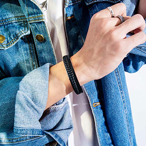 GAGAFEEL Leather Classic Braided Rope Bracelet Custom Engraved Message Stainless Steel Bangle Unisex Gift (Black-Engrave 2 Side-Length 19.5cm)