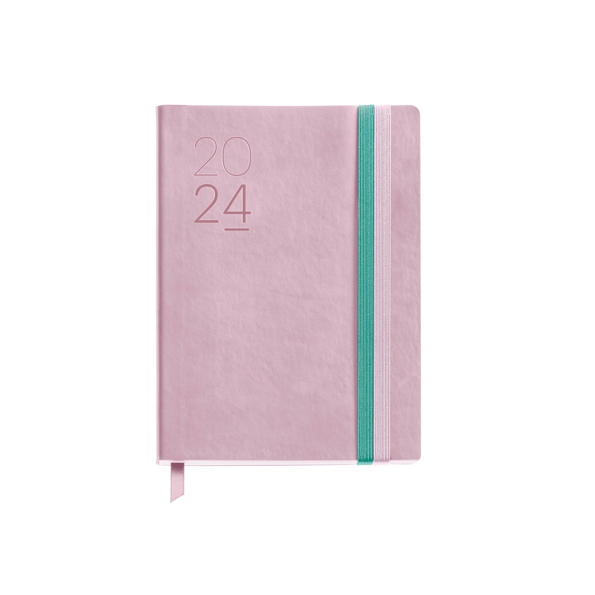 Miquelrius - 2024 Annual Diary, Day Page, Journal Size 122 x 168 mm, Flexible Cover Imitation Leather Stitched, Double Elastic Band, Spanish, English and Portuguese, Pink