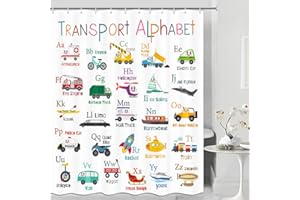 GRTUSPR Vehicles Alphabet Shower Curtain for Kids,Kid Excavator Tractor Machinery Trucks Shower Curtain,Construction Vehicle Shower Curtain For Boys, Bulldozer Crane Bath Curtain Equipment Truck Bath Curtain