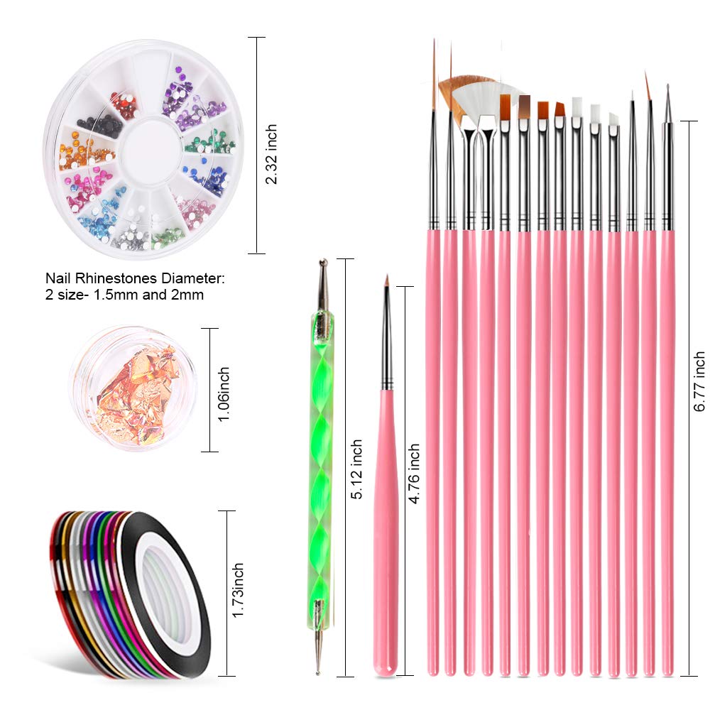 Nail Pen Designer, Teenitor Stamp Nail Art Tool with 15pcs Nail Painting Brushes, Nail Dotting Tool, Nail Foil, Manicure Tape, Color Rhinestones for Nails : Beauty