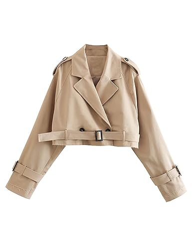 Faleave Womens Cropped Jacket Long Sleeve Belted Trench Coat Solid