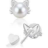 PANSTAR Cat Pearl Earrings for Women - Hypoallergenic 925 Sterling Silver PostsAnimal Lover Gift, Dainty Earrings, Pet Jewelry