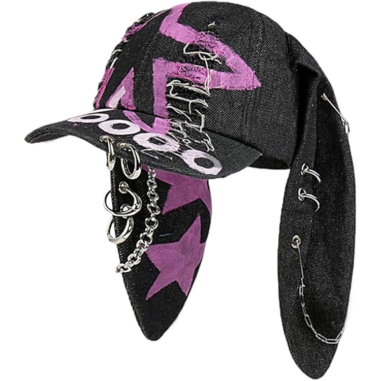 Y2K Grunge Distressed Denim Baseball Cap With Bunny Ears, Punk Iron