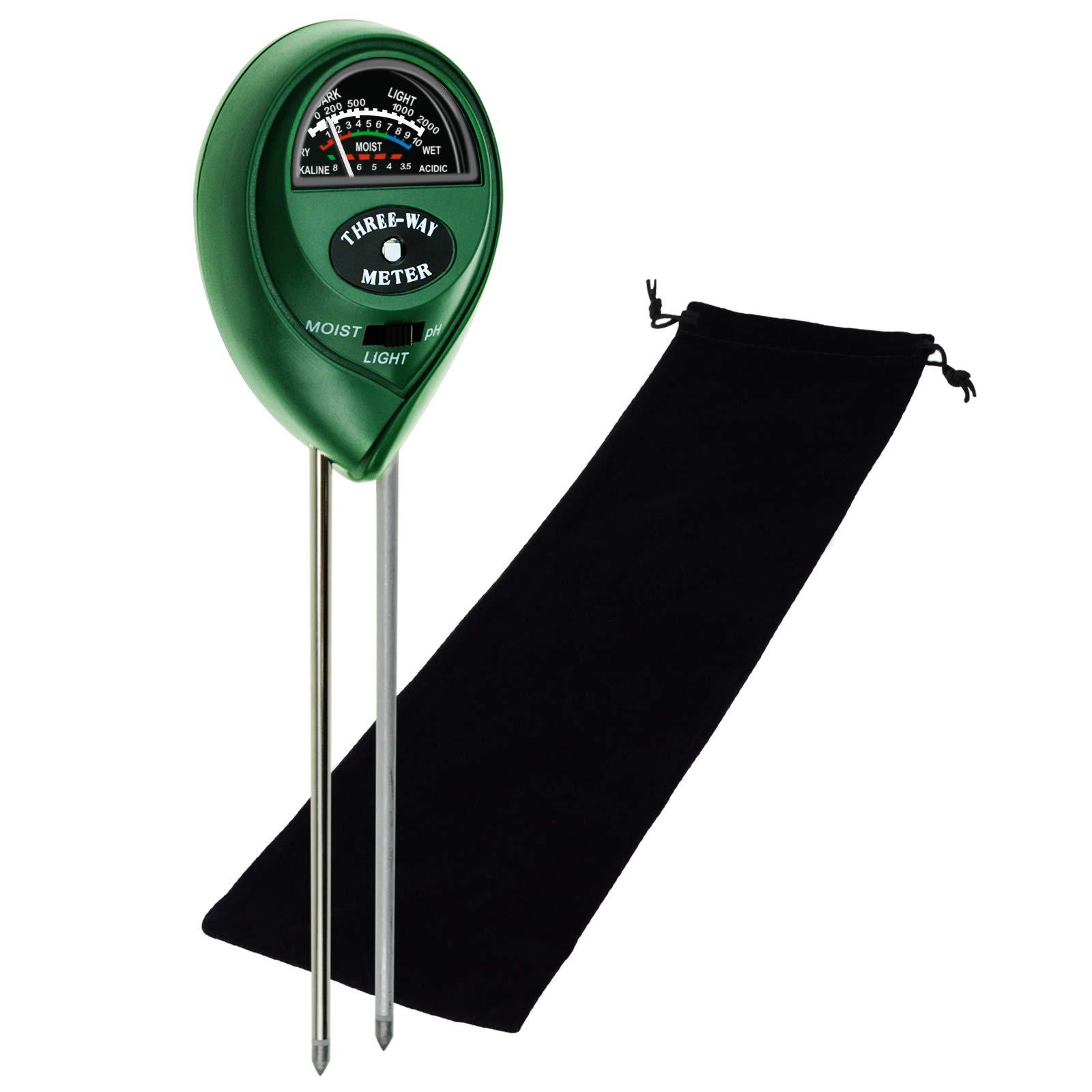 3-in-1 Soil pH, Moisture & Light Meter Tester Probe Sensor, Gardening Plants Growth Watering Quality Monitoring Acidity Test Tool Kits for Garden Farm Lawn (Green PH/Moisture/Light Meter + Bag)