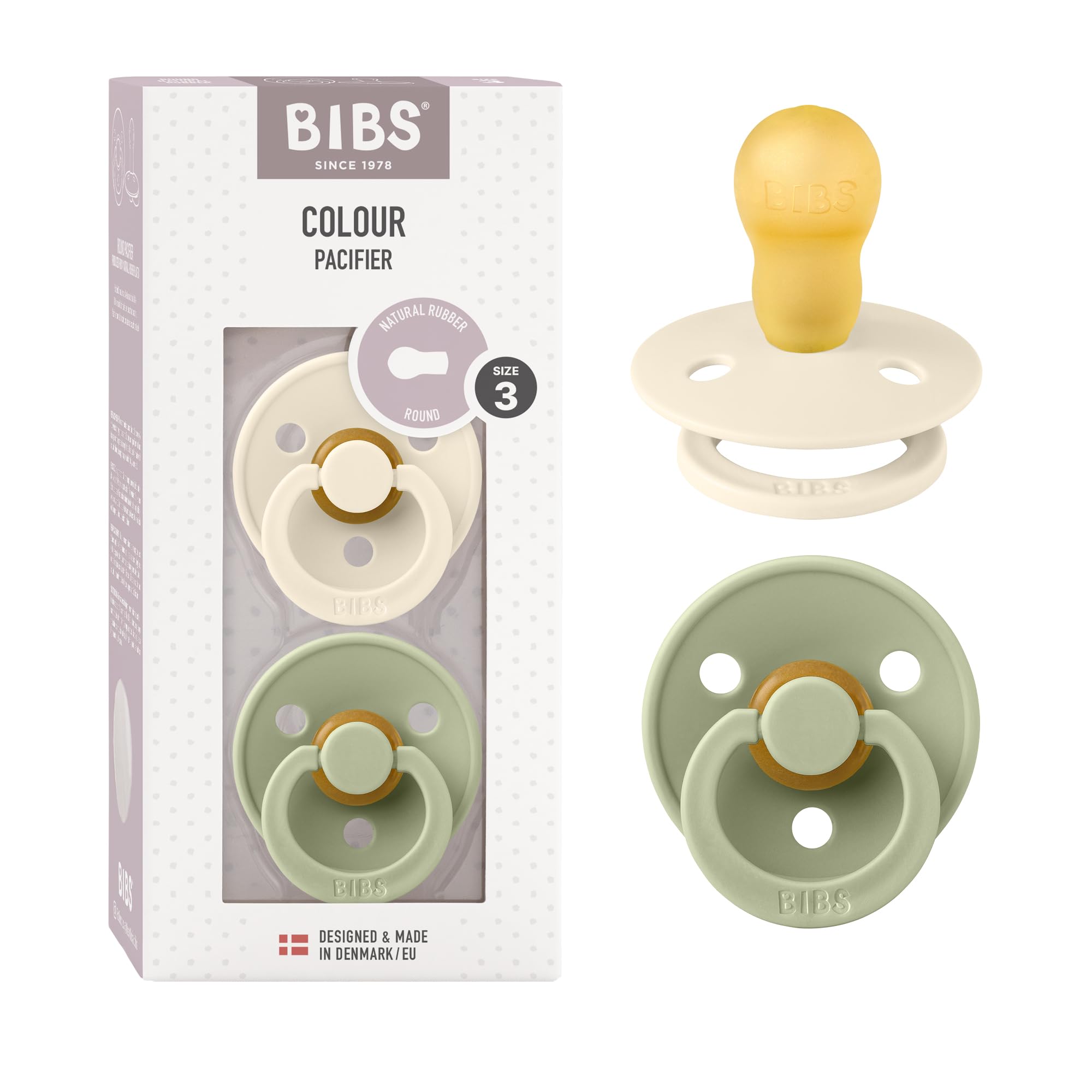 BIBS Colour Soother 2-Pack, BPA Free Dummy Pacifier, Round Nipple. Natural Rubber Latex, Size 3 (18+ Months), Ivory/Sage — image 1