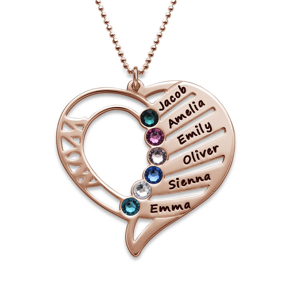 Personalized Mom Engraved Heart Shaped Necklace With Birthstones
