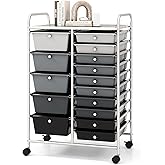 COSTWAY 15 Drawers Storage Cart, Multipurpose Rolling Utility Cart on Wheels w/Lockable Wheels & Removable Drawers, Mobile Tools Scrapbook Paper Organizer Cart for Office School Home, Mixed Black