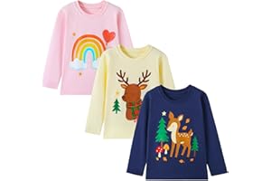 HILEELANG Toddler Girl Long Sleeve Shirt Graphic Cotton Casual Crewneck Tops, Fall Winter Layering Tees 3 Pack,2–7 Years
