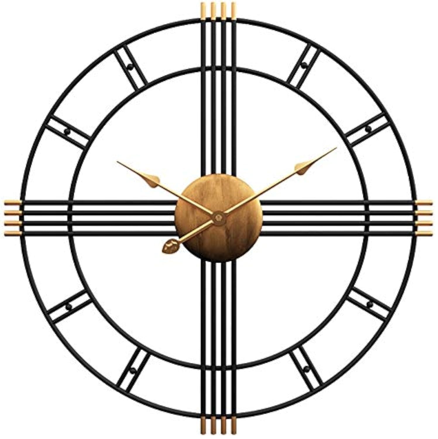 Funtabee 60cm/24in Large Black & Brass Skeleton Metal Oversized Kitchen Wall Clock Retro Vintage Wall Clock Black and Gold, Silent Non-ticking, Unique Unusual Clock, for lounge, living-room