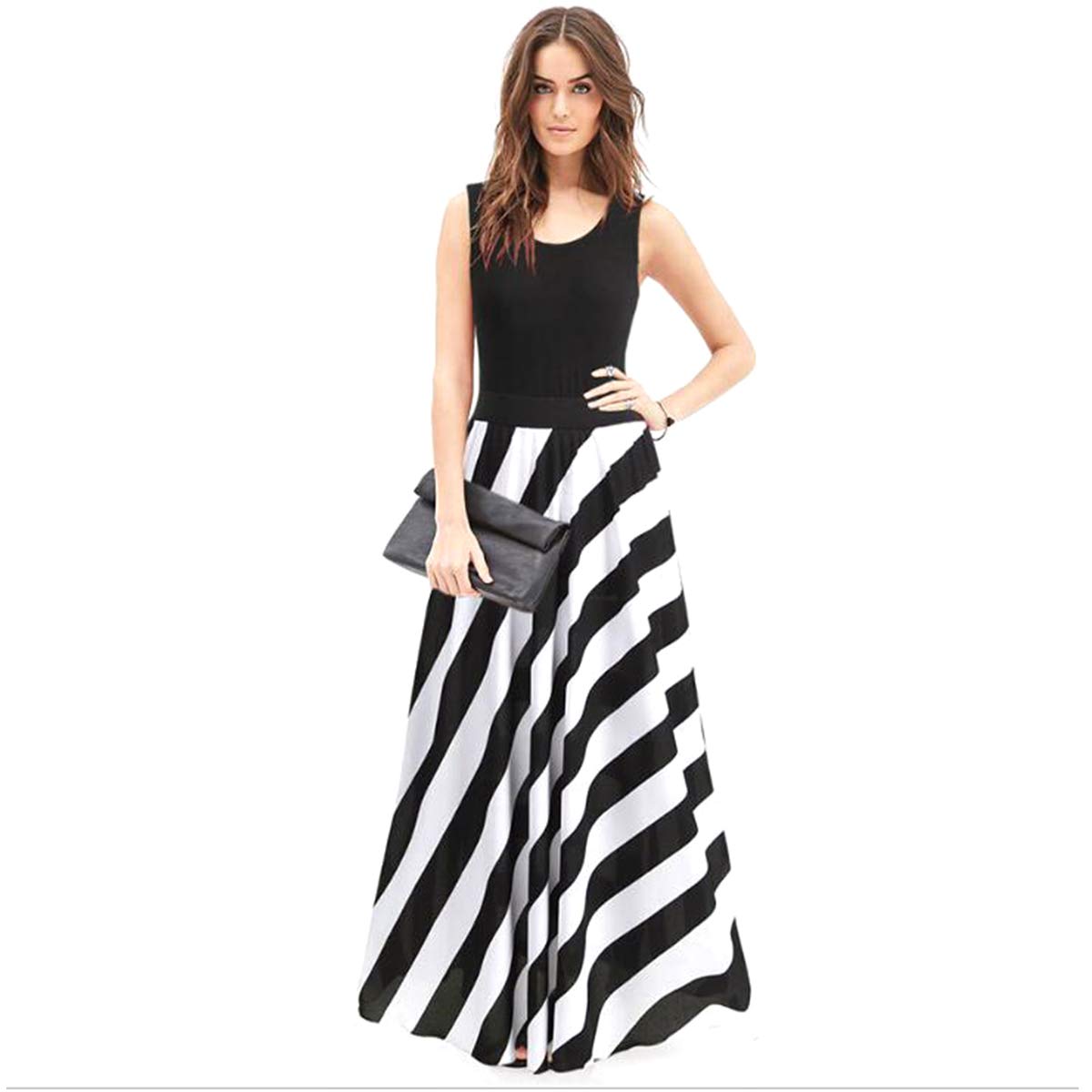 Women Long Maxi Dress Evening Cocktail Career Floral Lace Chiffon Stripe Dress (Black, L)