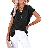 Dokotoo Women's Summer 2026 Boho Tops Casual Button Short Sleeve V Neck Shirts Solid Cotton Blouses