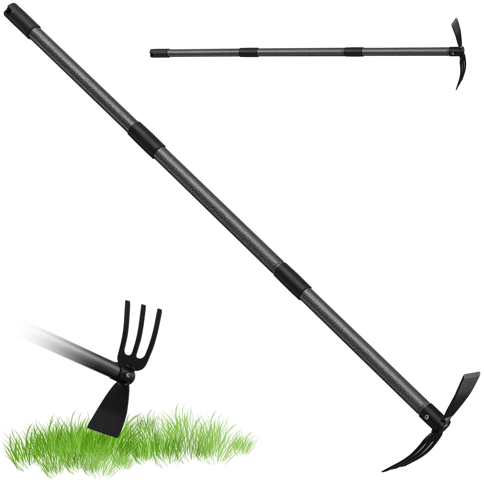 Harrms Garden Hoe Handle Stainless Steel, 116cm, 3-Tine Double Digging Hoe for weeding Metal, Multifunctional Hoe Gardening Tools Hand Rake Garden Accessories for Loosening, Aerating and Weeding Soil