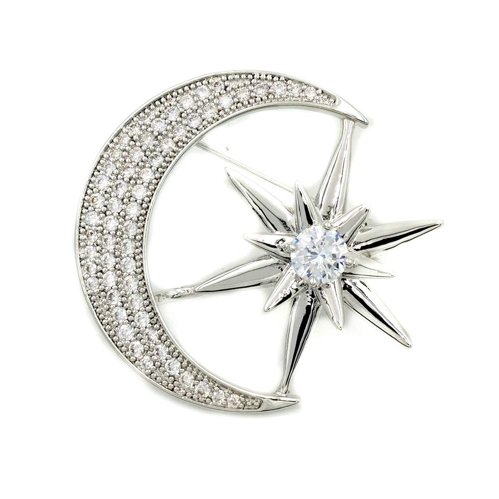 Dreamlandsales Vintage Silver Tone Mirror Hardware Star and Micro Pave CZ Crescent Moon Brooch Pin, Silver