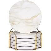 Dksyee White Marble Style Ceramic Coasters Set of 6 with Holder Modern Coffee Table Decor Drink Coaster Gifts Absorbent Stone Coasters for Rustic Farmhouse Bar
