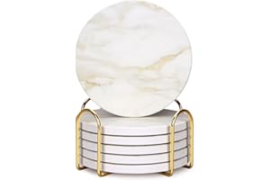 Dksyee White Marble Style Ceramic Coasters Set of 6 with Holder Modern Coffee Table Decor Drink Coaster Gifts Absorbent Stone Coasters for Rustic Farmhouse Bar