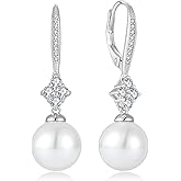 Oskani Women Pearl Earrings 925 Sterling Silver Leverback Dangle Drop Earrings 5A Cubic Zirconia Dainty Pearl Jewelry Valentine's Day Anniversary Mother's Day Birthday Gifts for Her