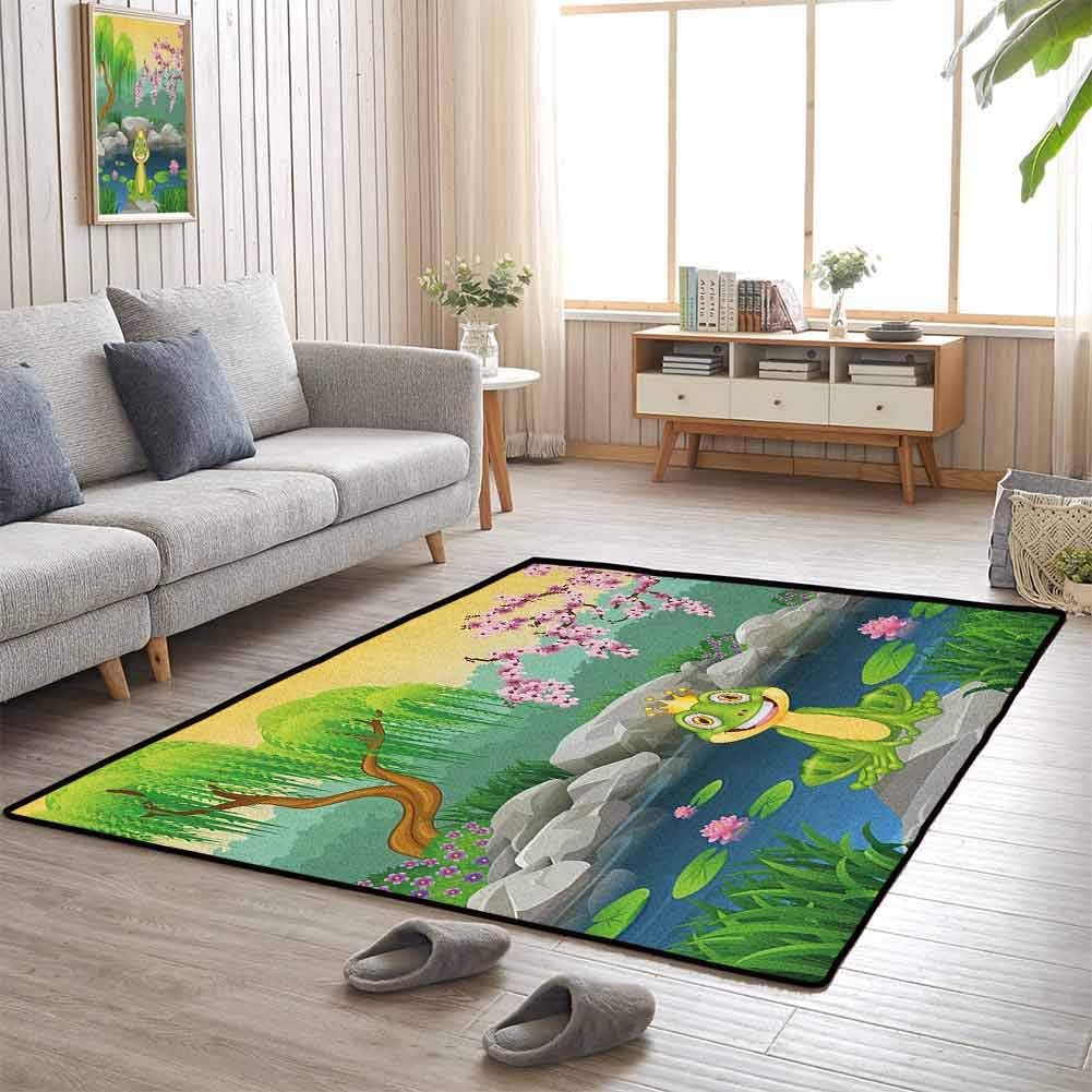 Indoor Area Rug, Anti-Skid Large Area Rugs Super Soft and Cozy for Baby Nursery Decor, King | Fairytale Inspired Cute Little Frog Prince Near Lake on Moss Rock with Flowers Image - 6'x9' Multicolor