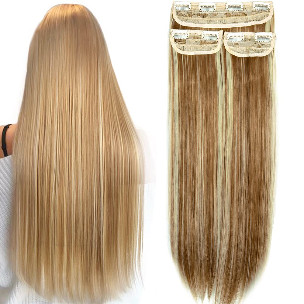 OMGREAT Straight Clips in on Hair Extensions Full Head Synthetic Hairpieces for Women 3Pcs 8Clips - 24" Ginger Brown Mix Bleach Blonde