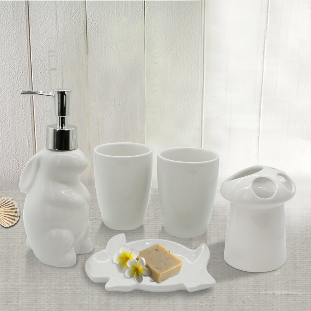 Zeewoo Badezimmer Set Toiletten Badset Badgarnitur 5-TLG Seifenspender, Becher, Seifenschale, Zahnbürsten Halter, Niedlichen Stil Kaninchen Form Badezimmer Dekoration und Home Geschenk Set, Weiß