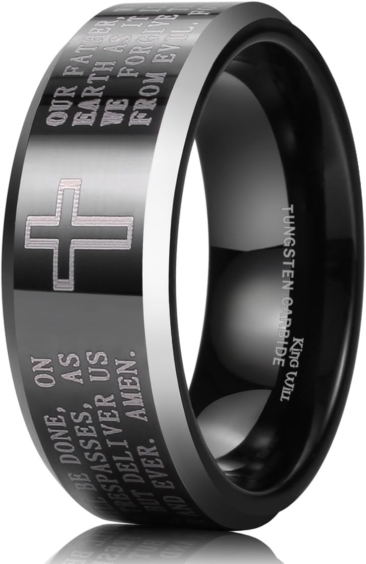 King Will CLASSIC 8mm Black Tungsten Carbide The Lord's Prayer Polished Finish Wedding Band Ring