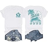 KEEVICI Hawaiian Beach T Shirts for Women Hibiscus Flower Palm Tree Shirt Tropical Graphic Tees Summer Beachy Vacation Tops