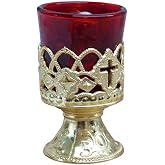 Electric Votive Stand - 4 Inch Gold Plated Metal with Ruby Glass - Boxed