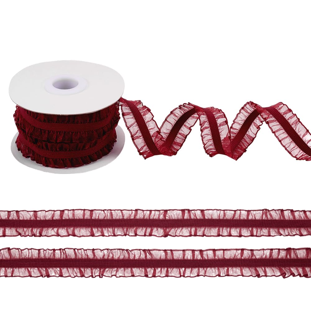 FINGERINSPIRE 10 Yards/9.14m Double Ruffle Lace Trim FireBrick (20mm) Wide Ruffle Stretch Elastic Edging Trim Red Pleated Fabric Lace Ribbon for DIY Dress Headwear Decoration and Gift Wrapping