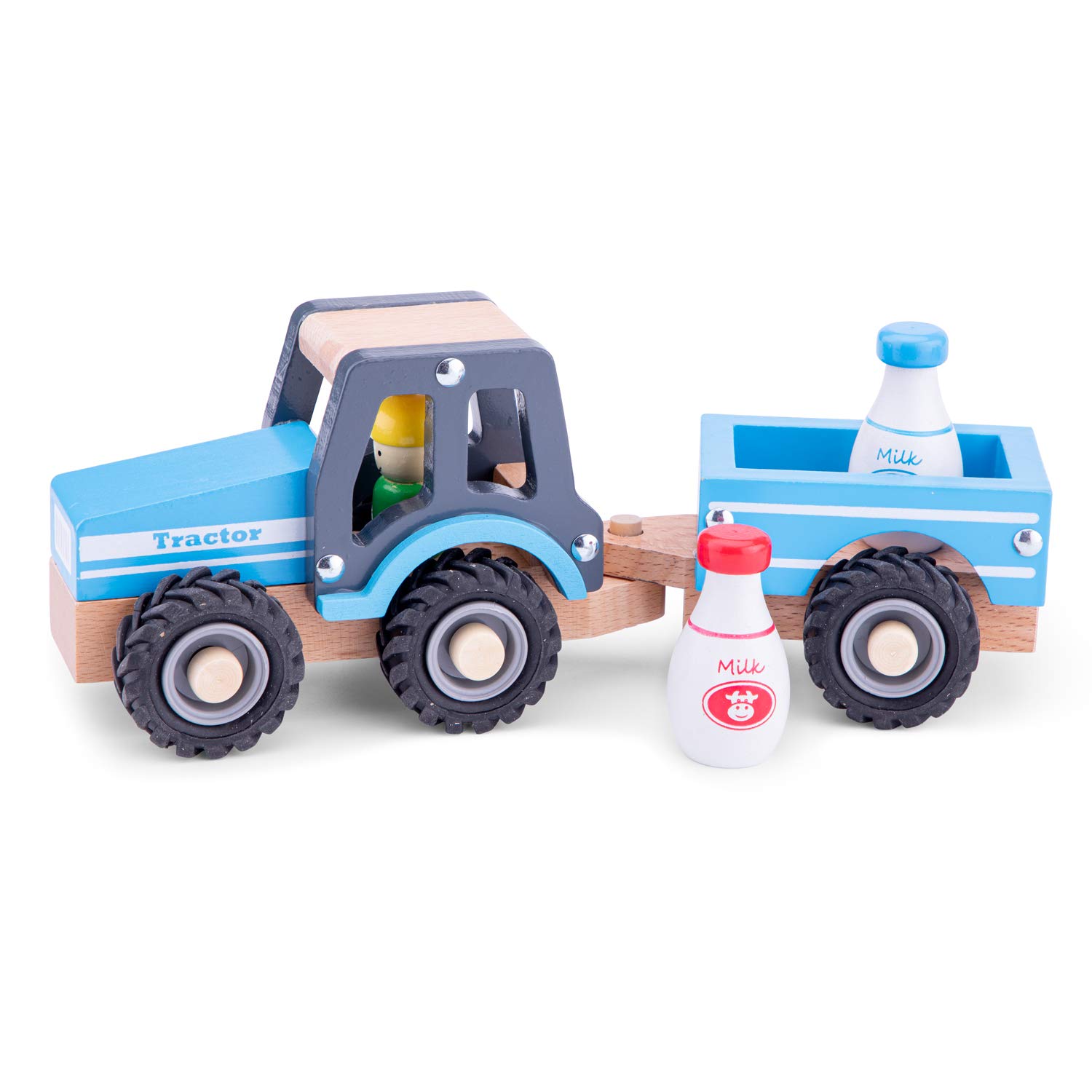 New Classic Toys 11942 Wooden Tractor with Trailer and Milk Bottles for Children 18 Months and Up Boys and Girls Baby Gifts, Blue