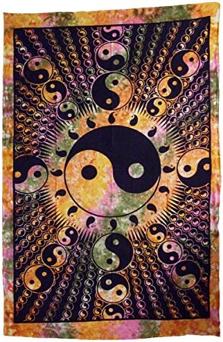 OMA Tie Dye Ying Yang Fractal Tapestry Boho Hippie Style Wall Hanging Decor - Large Size