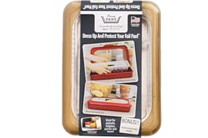 Fancy Panz 9x13- Inch Foil Cake Pan Dress Up & Protect Your Foil Pan Made in USA, Foil Pan & Serving Spoon Included. Hot or Cold Food. Stackable for easy travel. (Gold Swirl Cake Pan), FPC07G