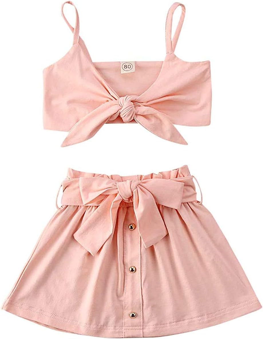 Toddler Little Girl Strap Camisole Crop Top with Bow + Polka Dot Shorts Outfit Set Casual Summer Clothing