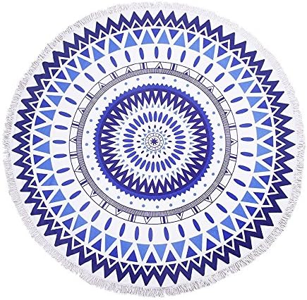hey June Round Beach Towel 100% Cotton with Fringe Tassels - Various Designs &amp; Colors (Blue Geometry)