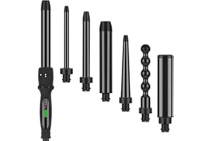 PARWIN PRO BEAUTY 7 in 1 Curling Iron Wand Set,Dual Voltage Curling Wand with 7 Interchangeable Diamond Ceramic Hair Curler Wands with LCD Temperature Control Auto Shut Off Black